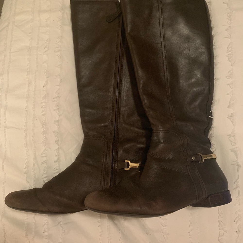 brown tory burch boots gold accents